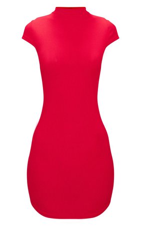 RED HIGH NECK RIBBED BODYCON DRESS
