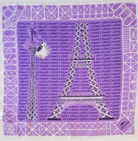 Longchamp square silk scarf purple-pink with eiffel tower19X19in | eBay