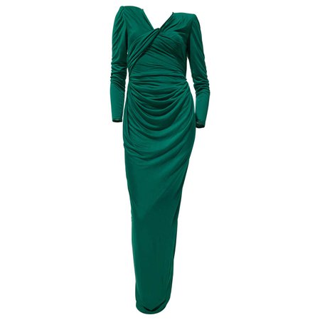1992 Ungaro Emerald Green Draped Jersey Gown W/ Wrap Back and Bold Shoulders US 6 For Sale at 1stDibs