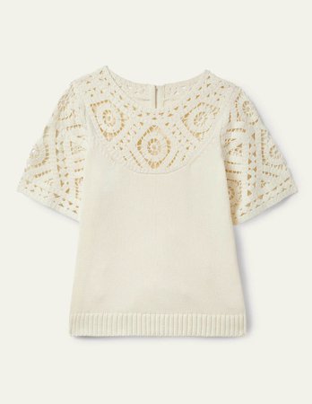 Crochet Detail Knitted T-shirt - Ivory | Boden US