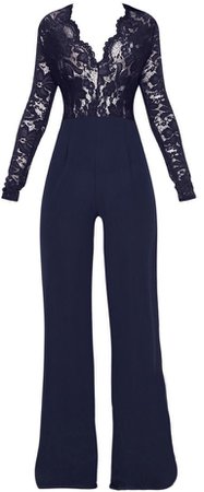 Navy Lace Sleeve Jumpsuit
