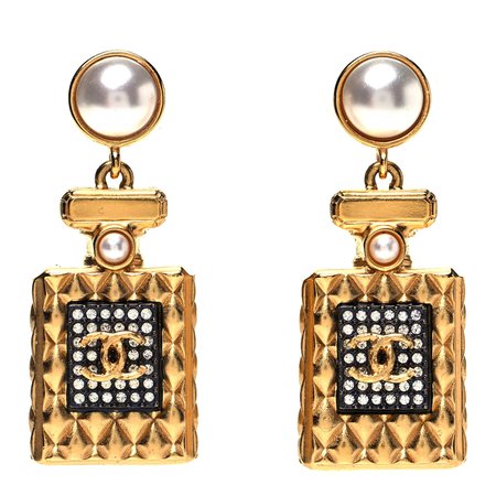 CHANEL Crystal Pearl CC Perfume Bottle Drop Earrings Gold 913756 | FASHIONPHILE