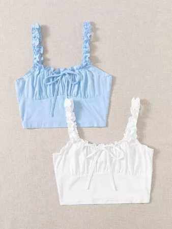 blue white 2 Pack Frilled Ruched Bust Tie Front Cami Top | SHEIN USA