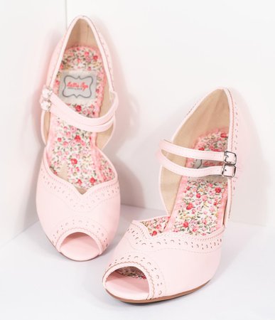 Bettie Page Light Pink Leatherette Peep Toe Double Strap Nellie Pumps – Unique Vintage