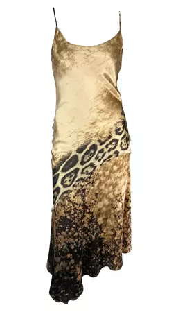 Early 2000s Roberto Cavalli Tan Cheetah Print Silk Slip Midi Dress For Sale at 1stDibs