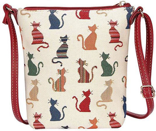 Cheeky Cat White and Red Ladies Tapestry Lightweight Top Zip Cross body Bag Sling Bag with Adjustable Strap by Signare (SLING -CHEKY): Handbags: Amazon.com