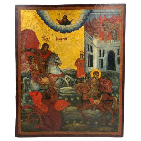 Large Antique 18th Century Greek Icon of Saint George and the Dragon For Sale at 1stDibs