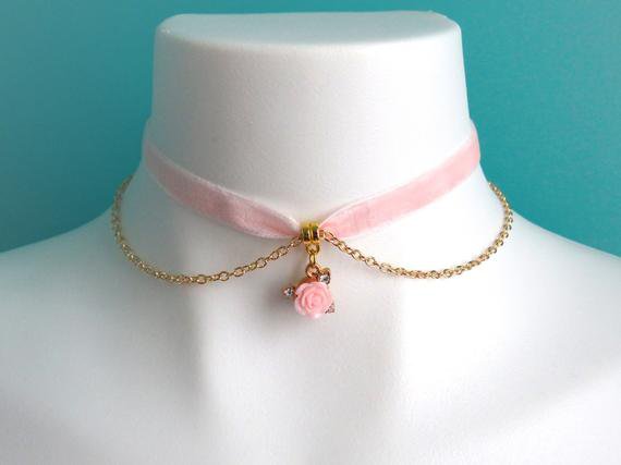 Pink Rose Choker Fairy Kei Pastel Goth Ribbon Velvet | Etsy