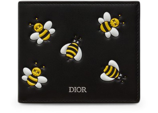 Dior x Kaws Bifold Wallet Yellow Bees Black in Calfskin