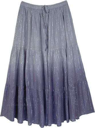 Grey Blue Ombre Lurex Tiered Long Skirt | Grey | Tiered-Skirt