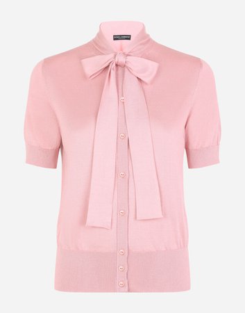Women's Sweaters and Cardigans in Lilac | Silk cardigan with pussy bow | Dolce&Gabbana