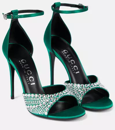 Crystal Embellished Satin Sandals in Green - Gucci | Mytheresa