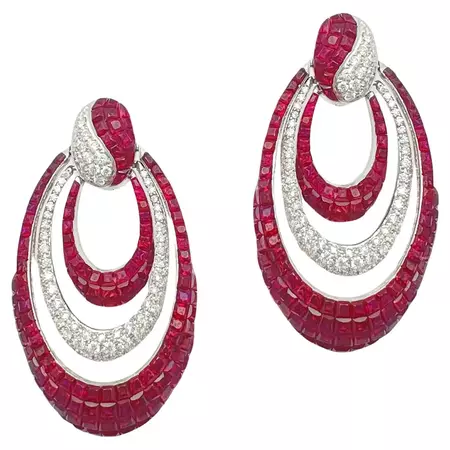 Invisibly-Set Ruby Diamond Crescent Drop Earrings For Sale at 1stDibs