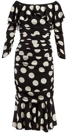 Polka Dot Print Off The Shoulder Ruched Midi Dress - Womens - Black White