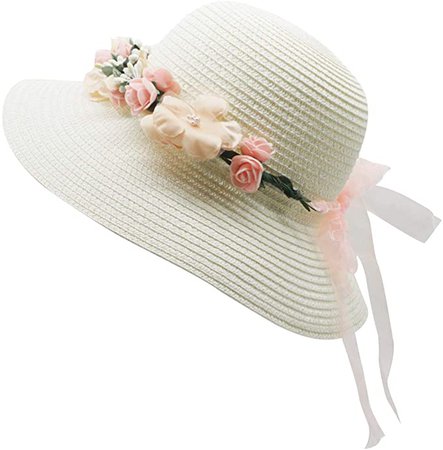 Lovful Fashion Flower Lace Ribbon Wide Brim Caps Summer Beach Sun Protective Hat Straw Hats for Women, White at Amazon Women’s Clothing store