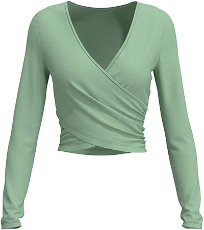 Deep V-Neck Long Sleeve Slim Fit Fitted Surplice Cross Wrap Casual Cropped T Shirt Tee at Amazon