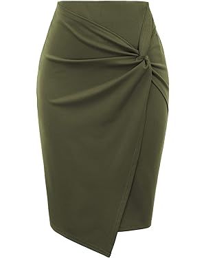 Kate Kasin Womens Side Wrap Knot Knee Length Ruched Pencil Skirt for Work Office Gray Green XX-L at Amazon Women’s Clothing store