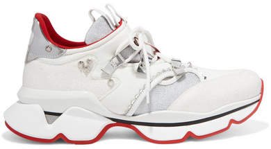 Red Runner Donna Glittered Mesh And Leather Sneakers - White