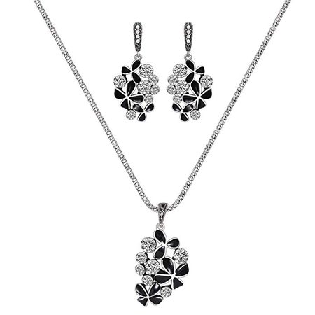 Amazon.com: FAMARINE Crystal Jewelry Sets, Enamel with CZ Crystal Pendant Necklace and Drop Earrings, Black and Silver: Clothing