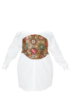 Plus White Jacquard Corset Bardot Shirt Dress | PrettyLittleThing USA