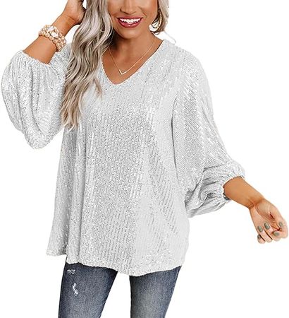 Women Sequin Top, Sexy V Neck Balloon Long Sleeve Sequin Shirt Glitter Party Disco Sparkle Top Blouse for Party Club at Amazon Women’s Clothing store