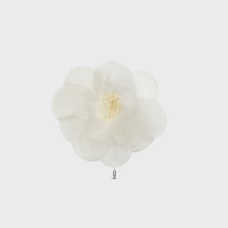 Fleur Celine Pivoine Lapel Pin in White Silk, Brass with Rhodium Finish and Steel | CELINE