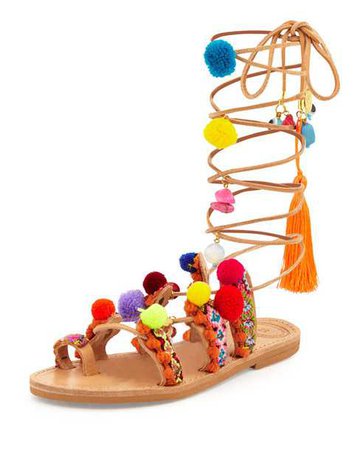 shoes, pom poms, gladiators, sandals, strappy, colorful - Wheretoget