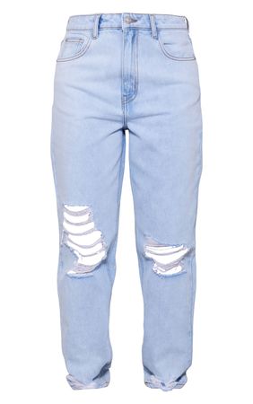 PRETTYLITTLETHING Light Blue Wash Extreme Rip Hem Knee Rip Mom Jeans | PrettyLittleThing USA