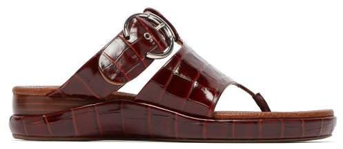 Crocodile Embossed Asymmetric Leather Sandals - Womens - Brown