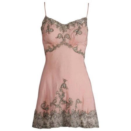 Exceptional 1930s Vintage Embroidered Pink Silk Lingerie (Slip Dress/ Negligee) For Sale at 1stdibs