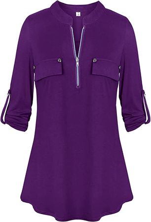 Business Casual Tops Women Cuffed Sleeve Work Blouses Shirts Plus Size Purple XXL at Amazon Women’s Clothing store