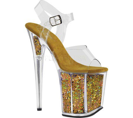 Womens Pleaser Flamingo 808GF Heeled Sandal - Clear/Brown Multi Glitter Synthetic - FREE Shipping & Exchanges