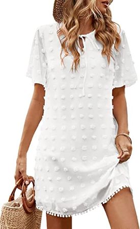 Febriajuce Womens Summer Swiss Dot Mini Dress Short Sleeves Ruffle Cute Dress Flowy Casual Fit Lace Up V Neck Dress at Amazon Women’s Clothing store