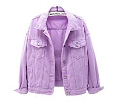 HALITOSS Women's Short Loose Button Down Denim Jean Jacket Coat Casual Outerwear Purple L at Amazon Women's Coats Shop