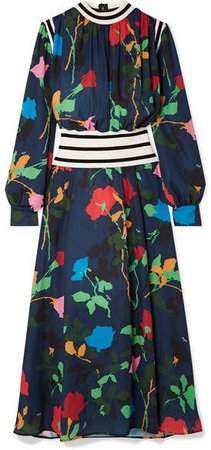 Ribbed Knit-trimmed Floral-print Crepe De Chine Maxi Dress - Navy