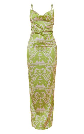 Green Baroque Print Satin Cowl Neck Maxi Dress | PrettyLittleThing USA