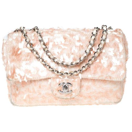 Chanel Peach/White Fabric and Sequins Medium Classic Single Flap Bag