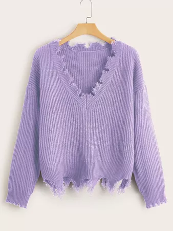 Plus Frayed V-Neck Drop Shoulder Sweater | SHEIN USA