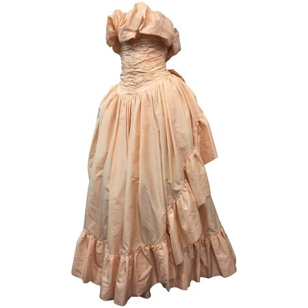 *clipped by @luci-her* 1980s Arnold Scaasi Shell Pink Tissue Silk Strapless Ruffled Ball Gown For Sale at 1stDibs
