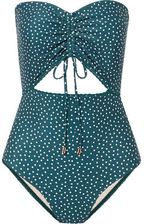Peony - Ruched Cutout Polka-dot Swimsuit - Dark green