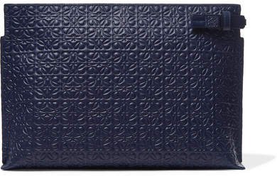 T Embossed Leather Pouch - Navy