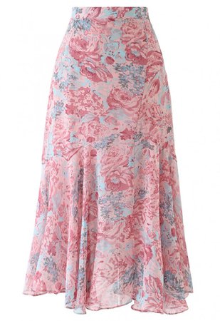 Abstract Rose Print Frilling Chiffon Midi Skirt in Pink - NEW ARRIVALS - Retro, Indie and Unique Fashion