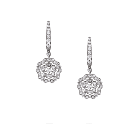 Tudor Rose Diamond Drop Earrings | In 18ct White Gold | Garrard