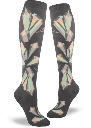 Crystals Knee Socks | Iridescent Rainbow Crystal Gemstones Knee High - Cute But Crazy Socks