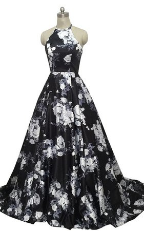 Black White Floral Print Satin Crop Top Floor Length Appliques Prom Dress on Storenvy