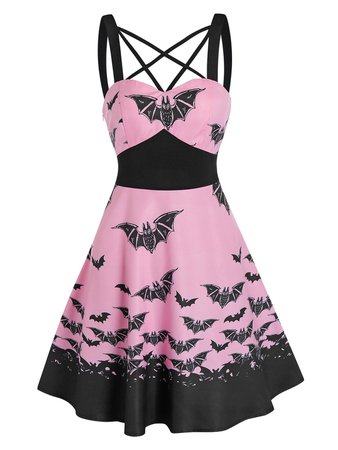 [59% OFF] 2021 Front Strappy Bat Print High Waist Mini Cami Dress In PINK | DressLily