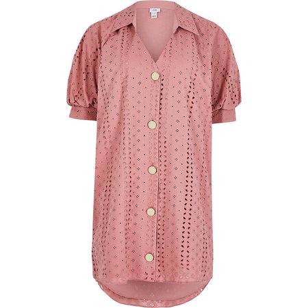 Pink short sleeve broderie shirt mini dress | River Island
