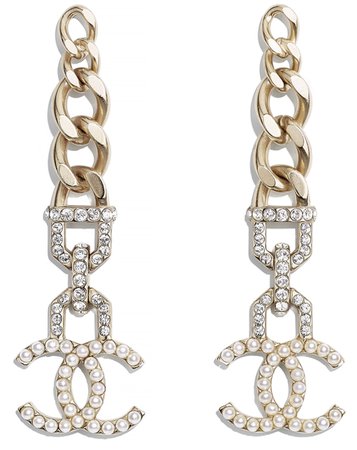 Earrings, metal, fantasy pearls and rhinestones, gold, mother of pearl white and crystal - CHANEL
