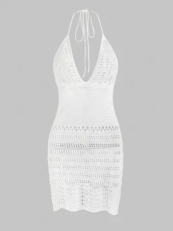 Halter Open Back Boho Crochet Knit Beach Dress In WHITE | ZAFUL 2024