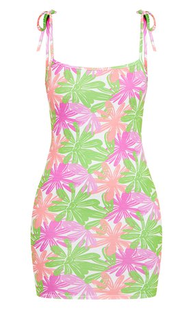 Multi Floral Print Tie Strap Square Neck Bodycon Dress | PrettyLittleThing USA